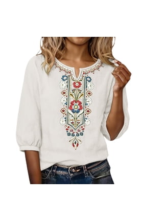 Linen Blouses for Women 2026 Casual Trendy Blouse Peasant Blouses Solid Color Shirt Mexican Shirt Beach Cotton Tops Flower Print Shirts Basic Tee Shirt Gauze Tops V Neck Shirts White Xl