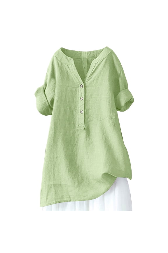 Linen Tops for Women Loose Fit Blouses Light Weight Plain Blouses Fashion Outfits Flowy Shirt Spring Linen Clothing for Womens Crepe Texture Outfits Pullover Shirt Tunic Tops Light Green M