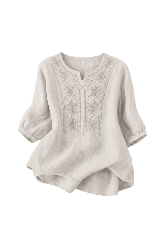 Womens Cotton Linen Shirts Mexican Shirt V Neck Shirts Flowy Shirt Loose Fit Blouses Spring Shirt Crepe Texture Outfits Bohemian Tops Retro Embroidered Tops Flower Print Shirts Gauze Tops 2Xl