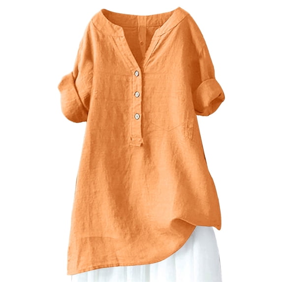 BODOAO Womens Summer Cotton Linen Blouses Elbow-Length Light Weight Plain Blouses Business Tank Small And Large Sizes Casual Tops for Vacation Comfy Lounge Wear V Neck Shirt Trendy Tops Orange 3Xl