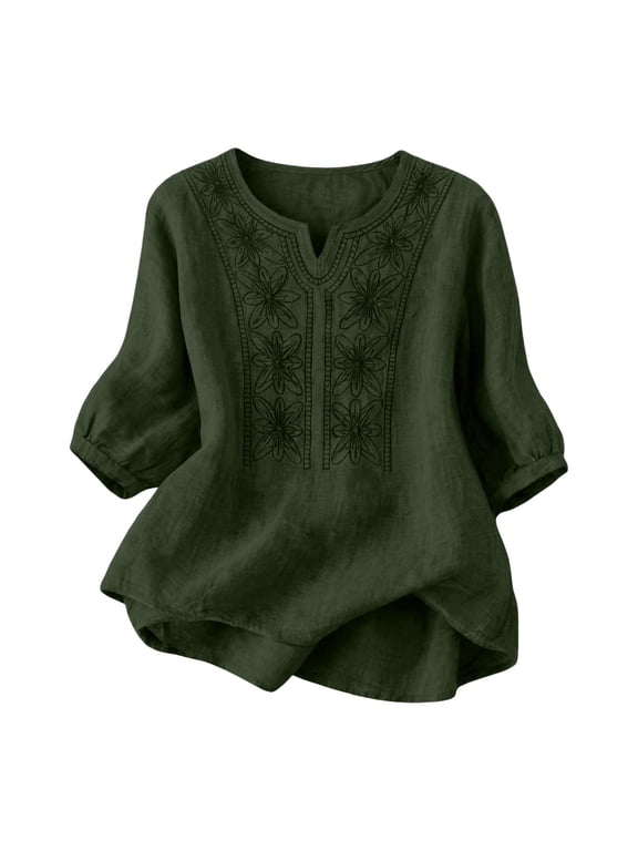 Womens Summer Cotton Linen Blouses Mexican Shirt V Neck Shirts Plain Tshirt Gauze Tops Basic Tee Shirt Pullover Shirt Flowy Shirt Oversized Blouse Beach Cotton Tops Beach Casual Summer Tops