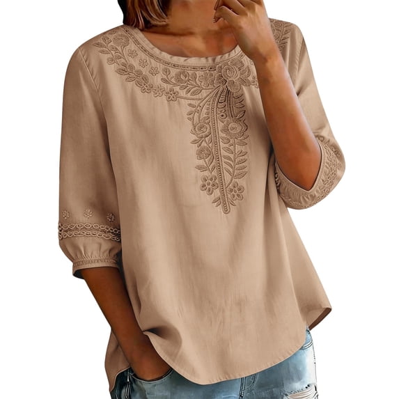 BODOAO Womens Summer Linen Blouses Crew Neck Shirts Beach Cotton Tops Loose Fit Mexican Shirt Peasant Blouses Tunic Tops Flower Print Shirts Flowy Shirt Soft Floral Top Business Work Blouses