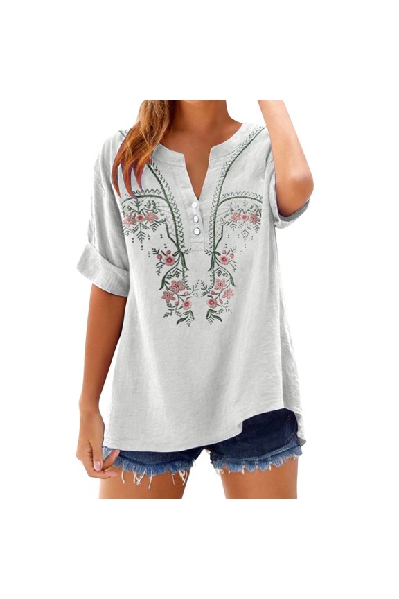 Womens Summer Linen Blouses Three Quarter Blouses Loose Fit Blouses Tunic Tops Solid Color Shirt V Neck Shirts Dressy Clothes Retro Embroidered Tops Pullover Shirt Bohemian Tops Gauze Tops