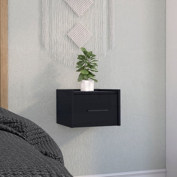 Boa Black Wall-Mounted Floating Nightstand with Single Drawer - Bedroom