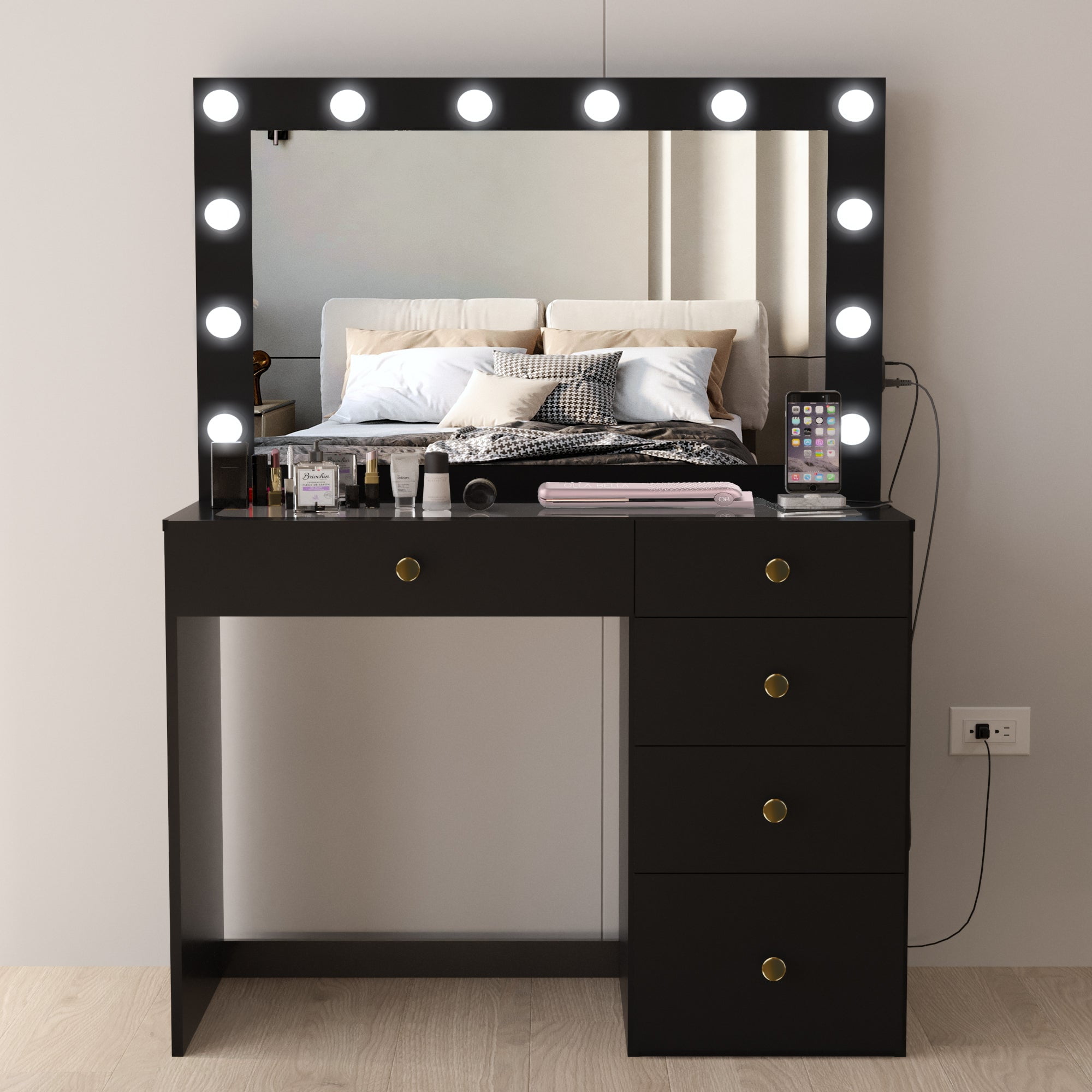 Boahaus Alana Black Vanity Desk with Mirror and Lights, Golden Knobs, 5 Drawers, Black