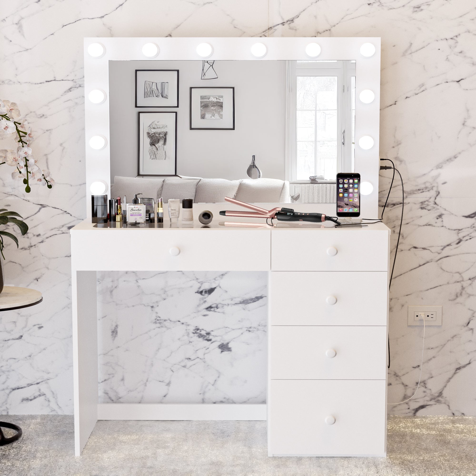 Boahaus Alana Vanity Desk with Mirror and Lights, Basic Knobs, 5