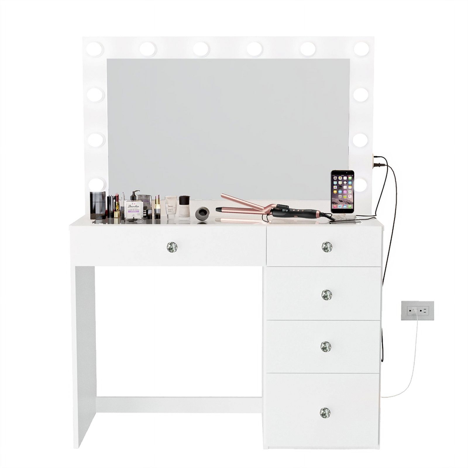 Boahaus Alana Vanity Makeup Desk White Crystal Knobs