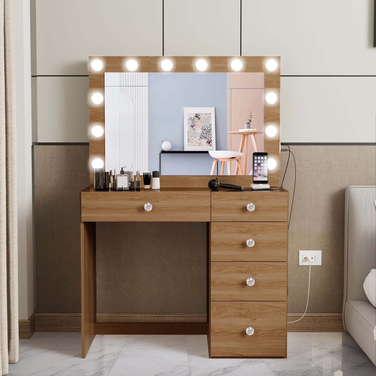 Boahaus Alana White Makeup Vanity Desk with Crystal Knobs Elegant Glass Top 5 Drawers USB Type C Type A Ports 110V Power Outlet and Hollywood