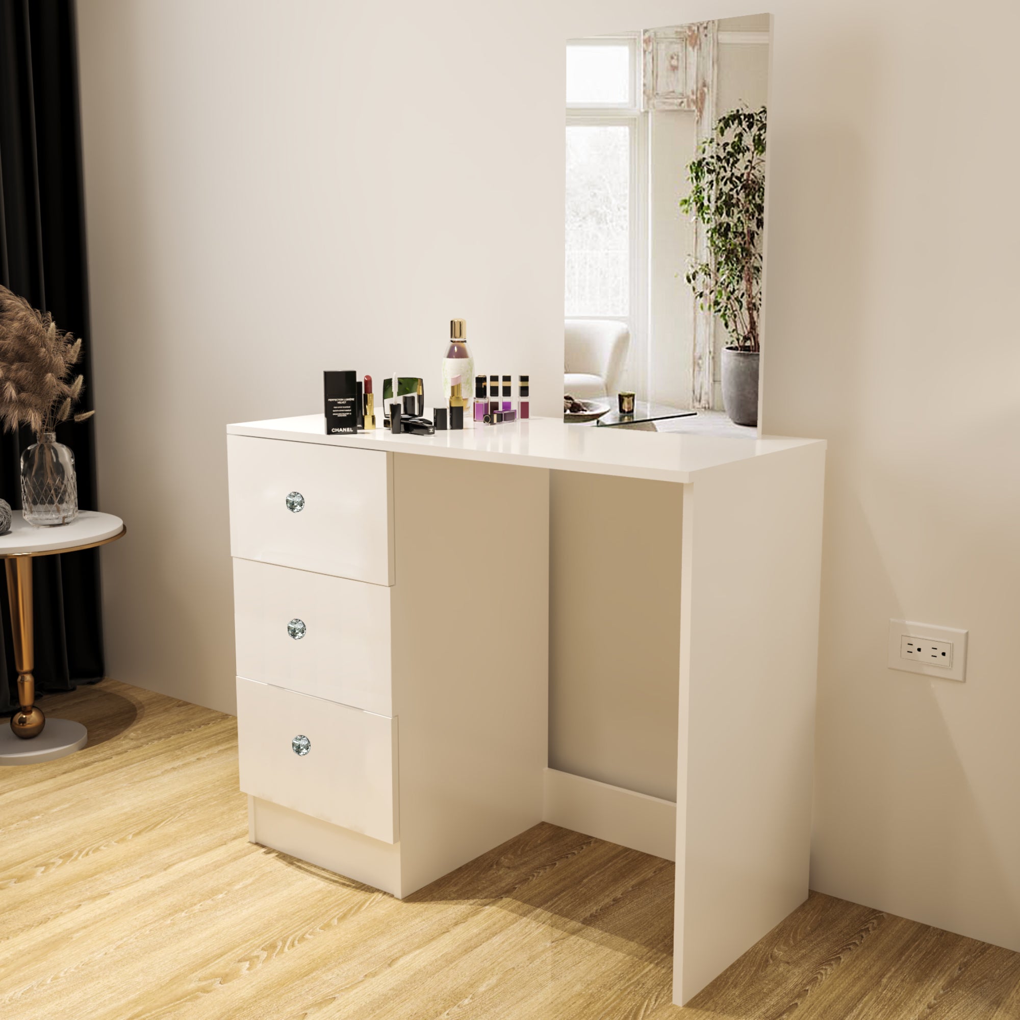 Boahaus Alexandra Modern Vanity Table with Mirror, Crystal Knobs, 3 Drawers, for Bedroom, White