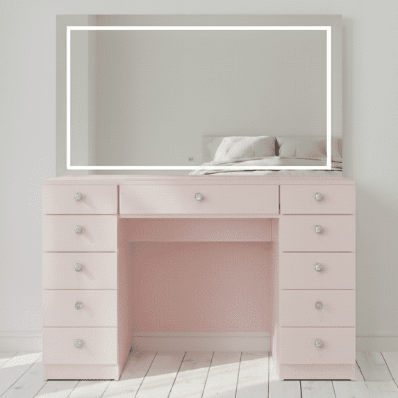 Boahaus Amelia Vanity Desk with Mirror and Lights – 11 Drawer Makeup Vanity Table with Storage, Power Outlet and Speakers