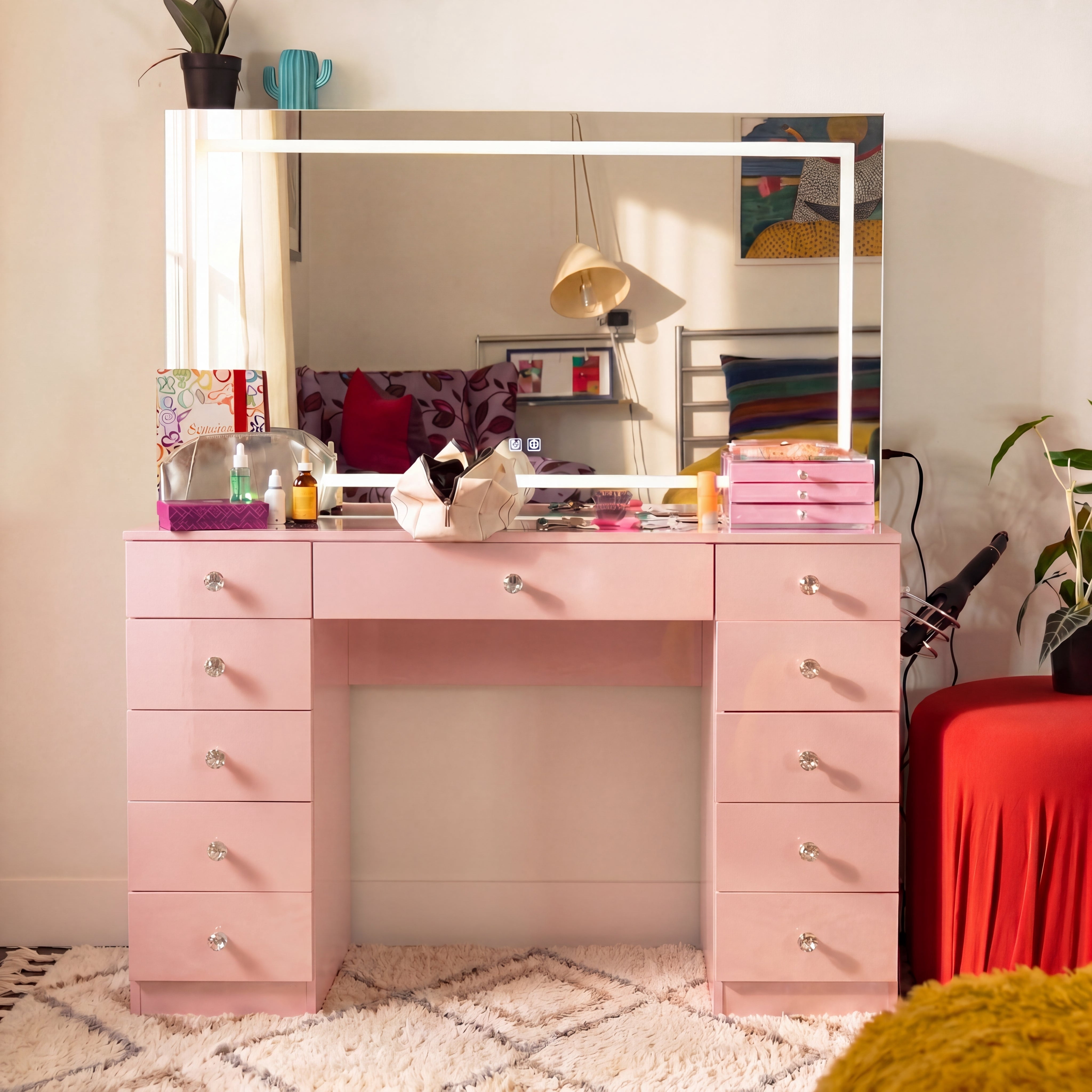 Boahaus Amelia Vanity Desk with Mirror and Lights – 11 Drawer Makeup Vanity Table with Storage, Power Outlet and Speakers