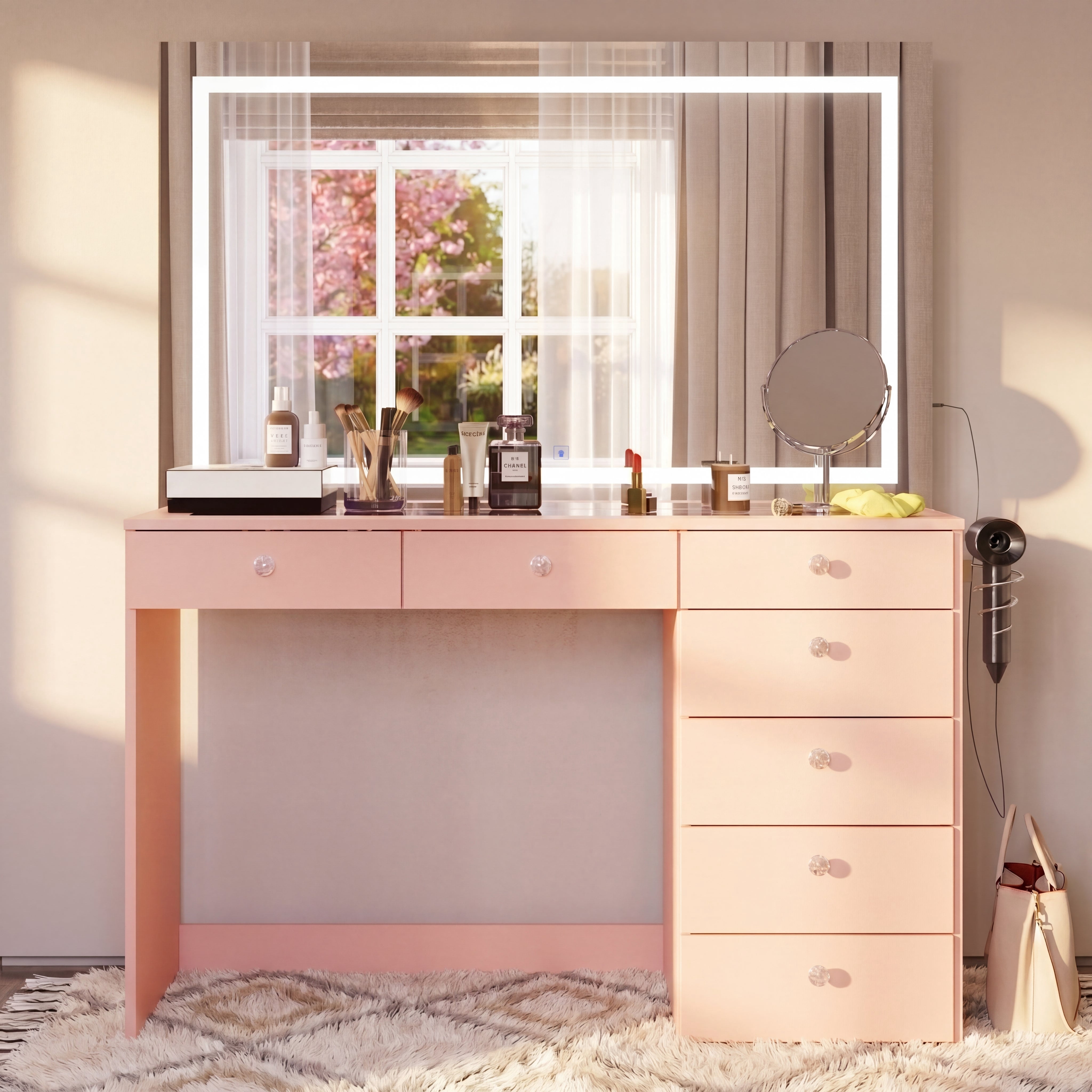 Boahaus Aria 7 Drawer Vanity Desk with Mirror and Lights