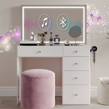 Boahaus Aria Vanity Set with LED Mirror, Bluetooth Speakers & Charging Station, White