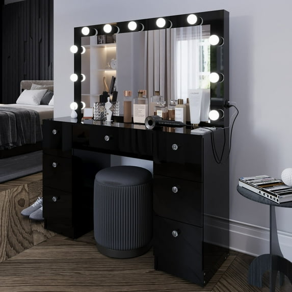 Boahaus Artemisia Lighted Makeup Vanity with Mirror, Power Outlet, Black