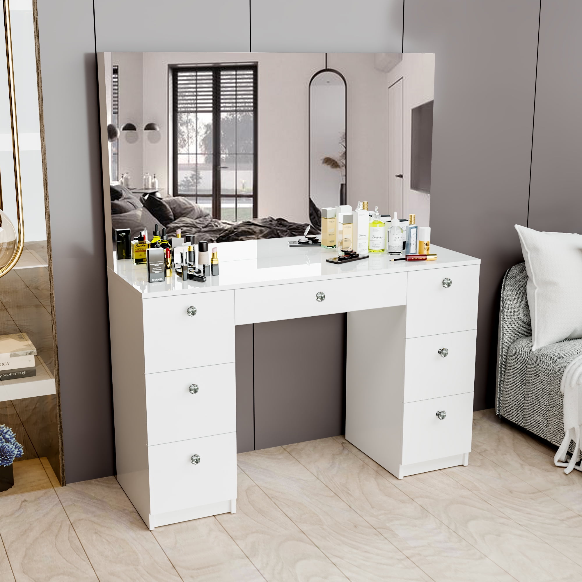 Boahaus Artemisia Modern White Painted Makeup Vanity Table with Crystal