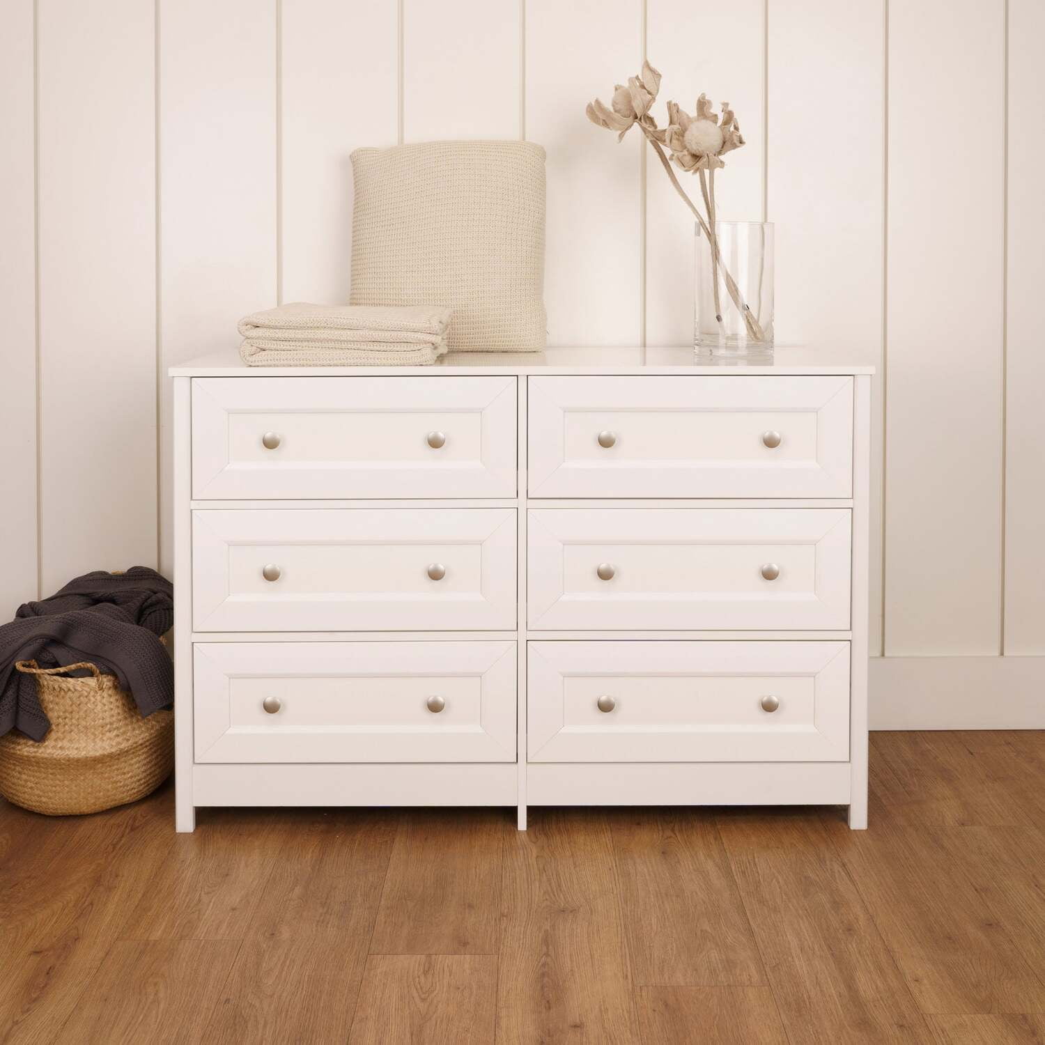 Boahaus Barbara Modern White Wood Dresser with 6 Chester Drawers, Wood