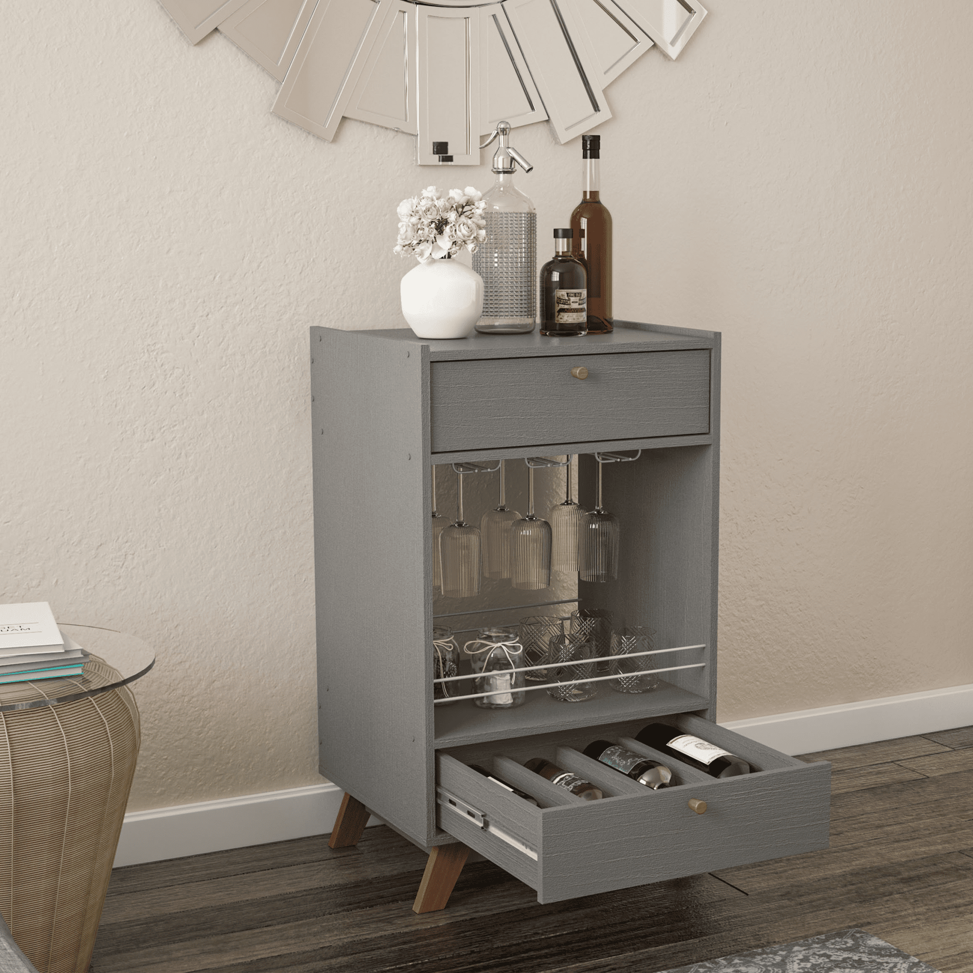 Boahaus Belfast Modern Mini Bar Cabinet, 2 Drawers, Wine Glass Rack, Grey  Matte