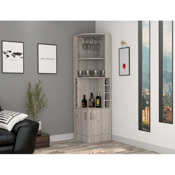 Boahaus Birmingham Bar Cabinet, 2 Doors, 2 Open Shelves, Light Grey