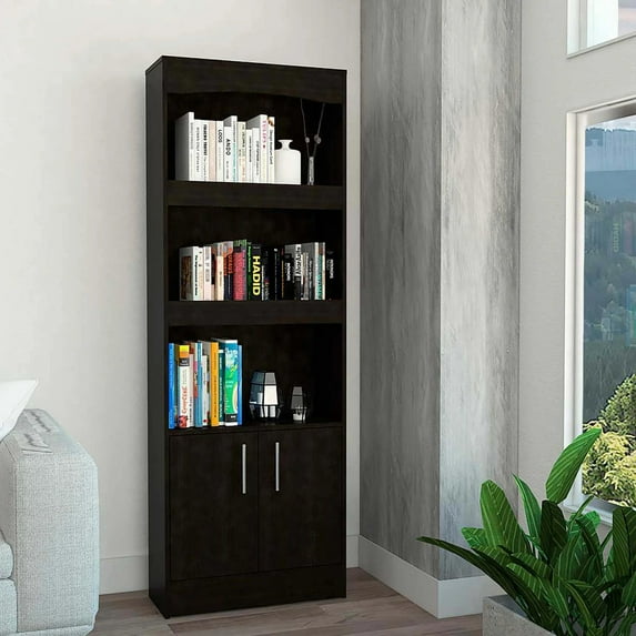 Boahaus Boras Modern Bookcase with 3 Open Shelves and 1 Cabinet, Black Wengue, for Living Room