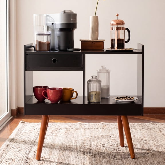 Ember Interiors Oxford Black Modern Bar Cabinet with Wine Storage, Drawer & Open Shelves– Compact Design for Living Room or Kitchen