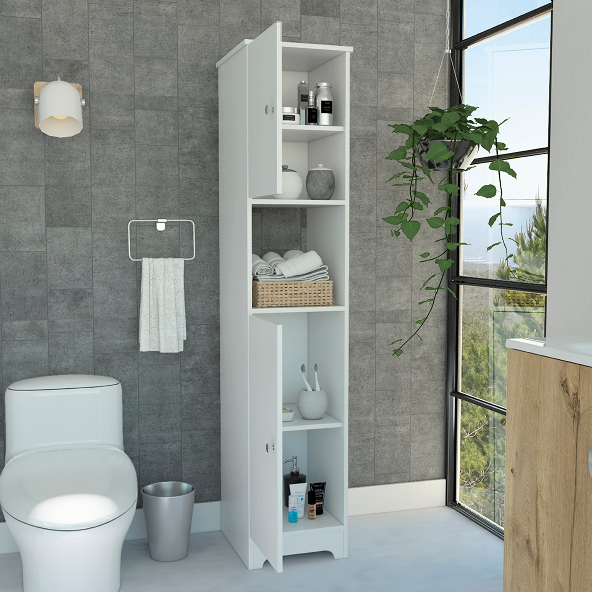 White Freestanding Tall Linen Cabinet with Multiple Shelves