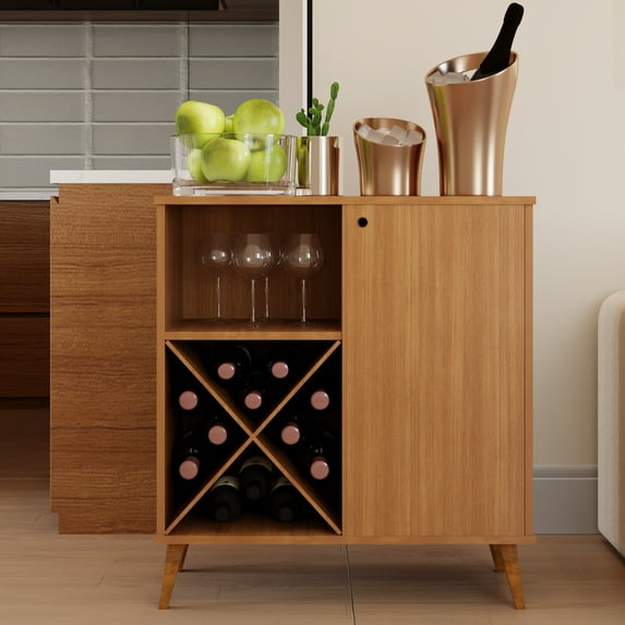Boahaus Cartmel Bar Cabinet with X-Shaped Wine Rack, Open Shelf & Door – Brown