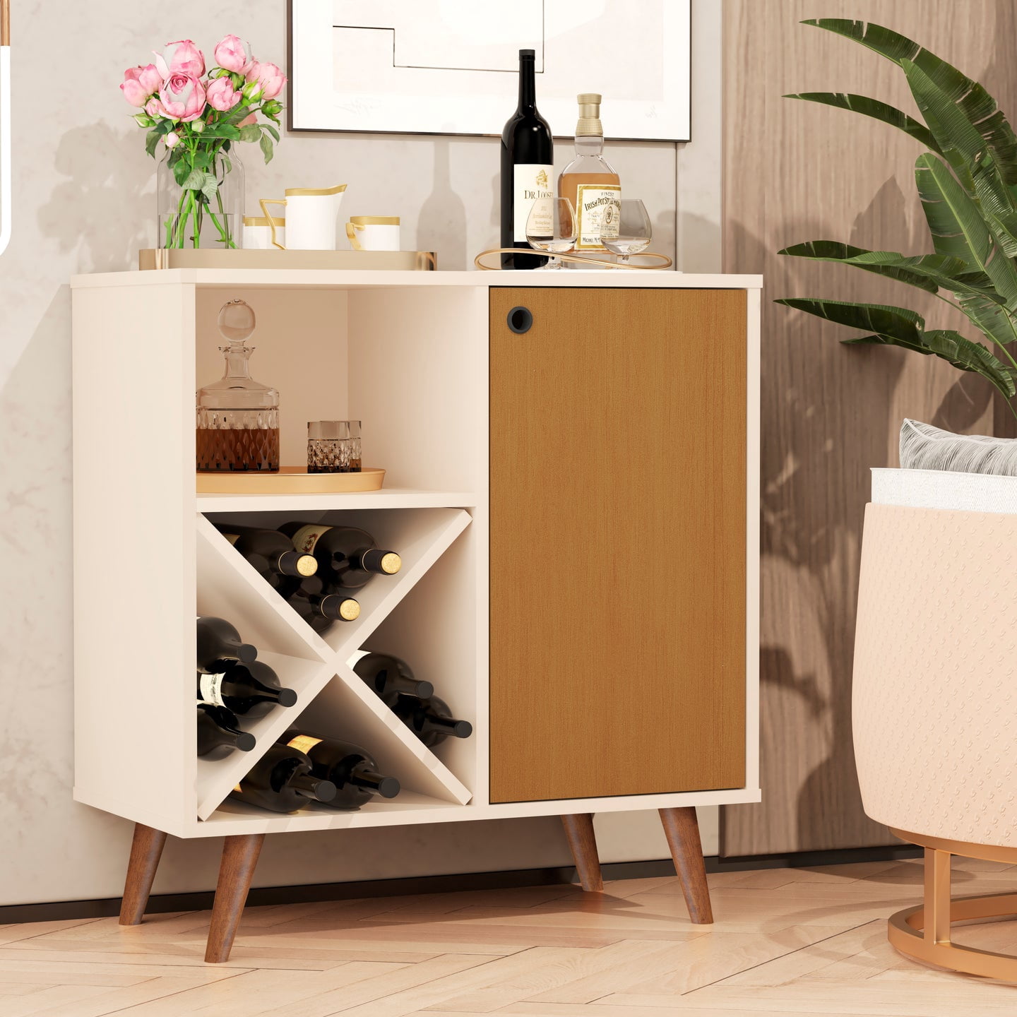 Boahaus Cartmel Bar Cabinet with X-Shaped Wine Rack, Open Shelf & Door ...
