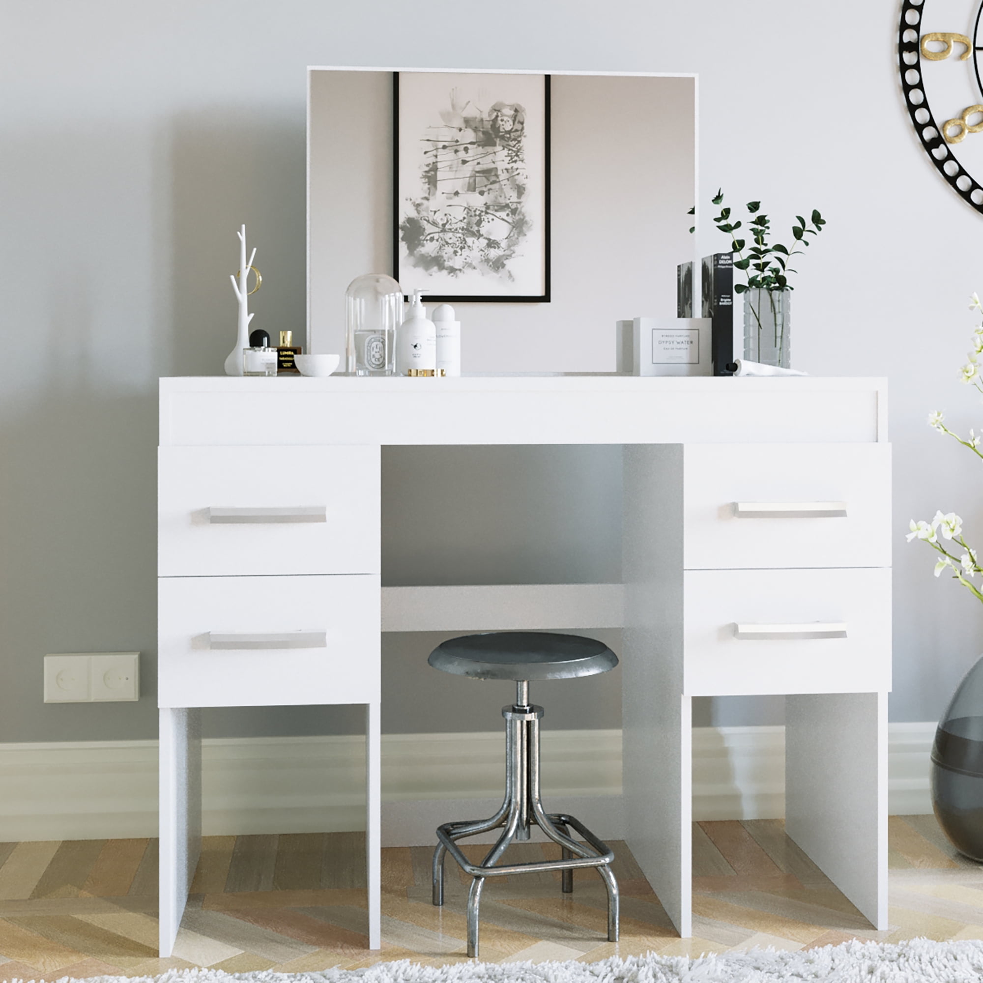 modern white gloss dressing table 47" Smart Makeup Vanity Retractable Dressing Table with Mirror &  LightsHomary