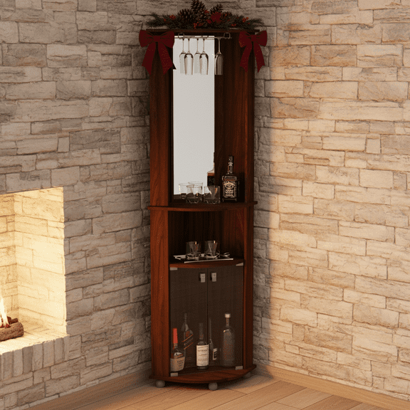 Boahaus Glasgow Tall Corner Bar Cabinet with Glass Door, Wine Rack & Mirrored Back, Brown