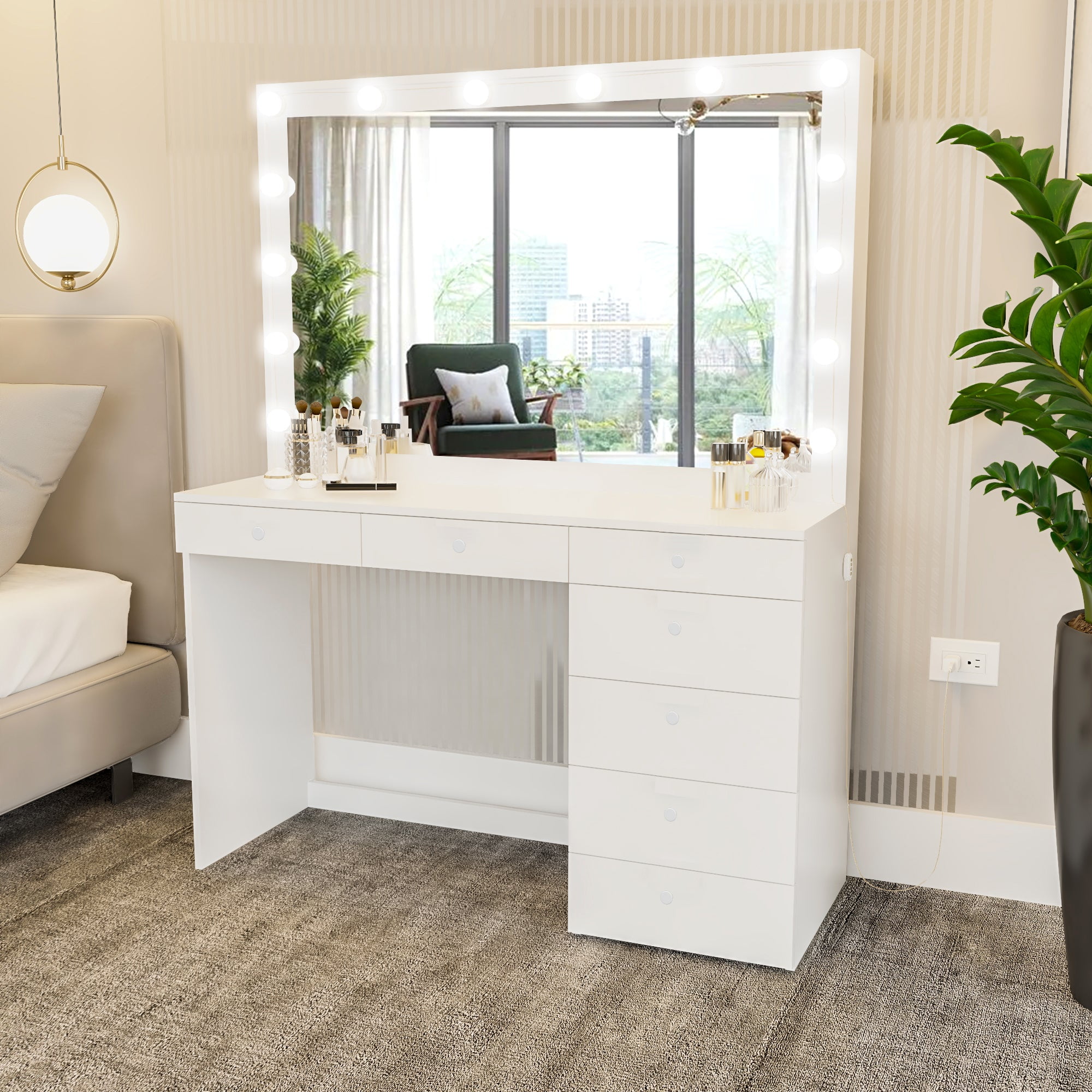 Boahaus Diana Modern Lighted Vanity Desk, White Finish, Makeup Vanity
