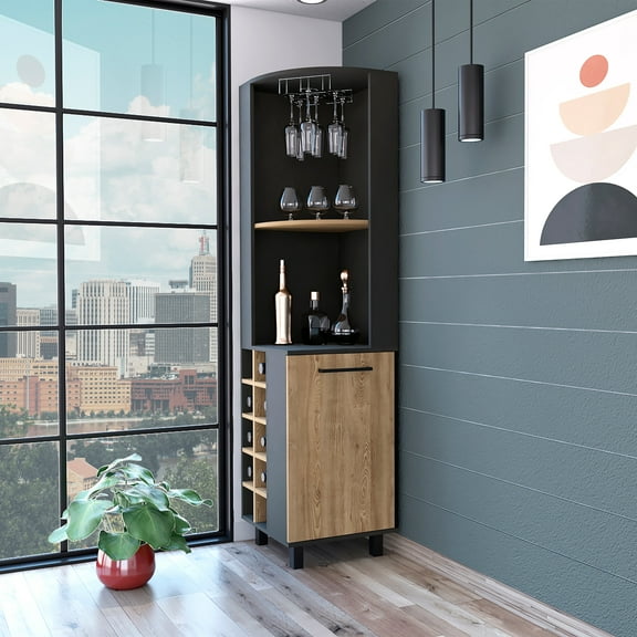 Boahaus Doncaster Modern Bar Cabinet, One Cabinet, 2 Open Shelves, Black / Pine