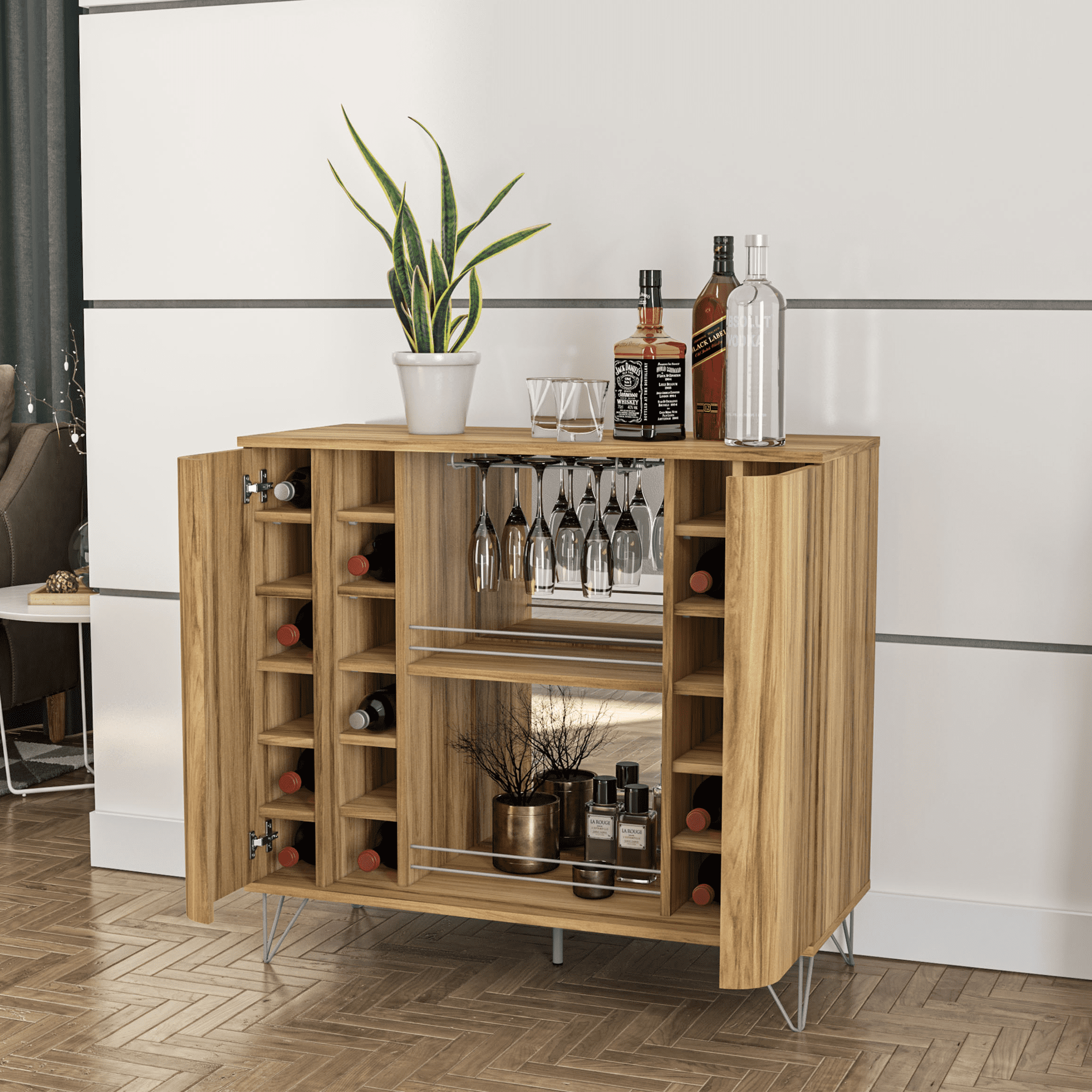 Boahaus Dublin Modern Bar Cabinet with Wine Rack, 2 Shelves, 2 Wood ...