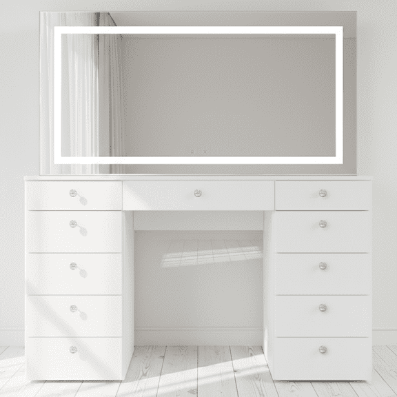 Boahaus Elara Extra Large Vanity Desk with Mirror and Lights 11 Drawer Makeup Vanity Table with Storage, Power Outlet and Built-In Speakers