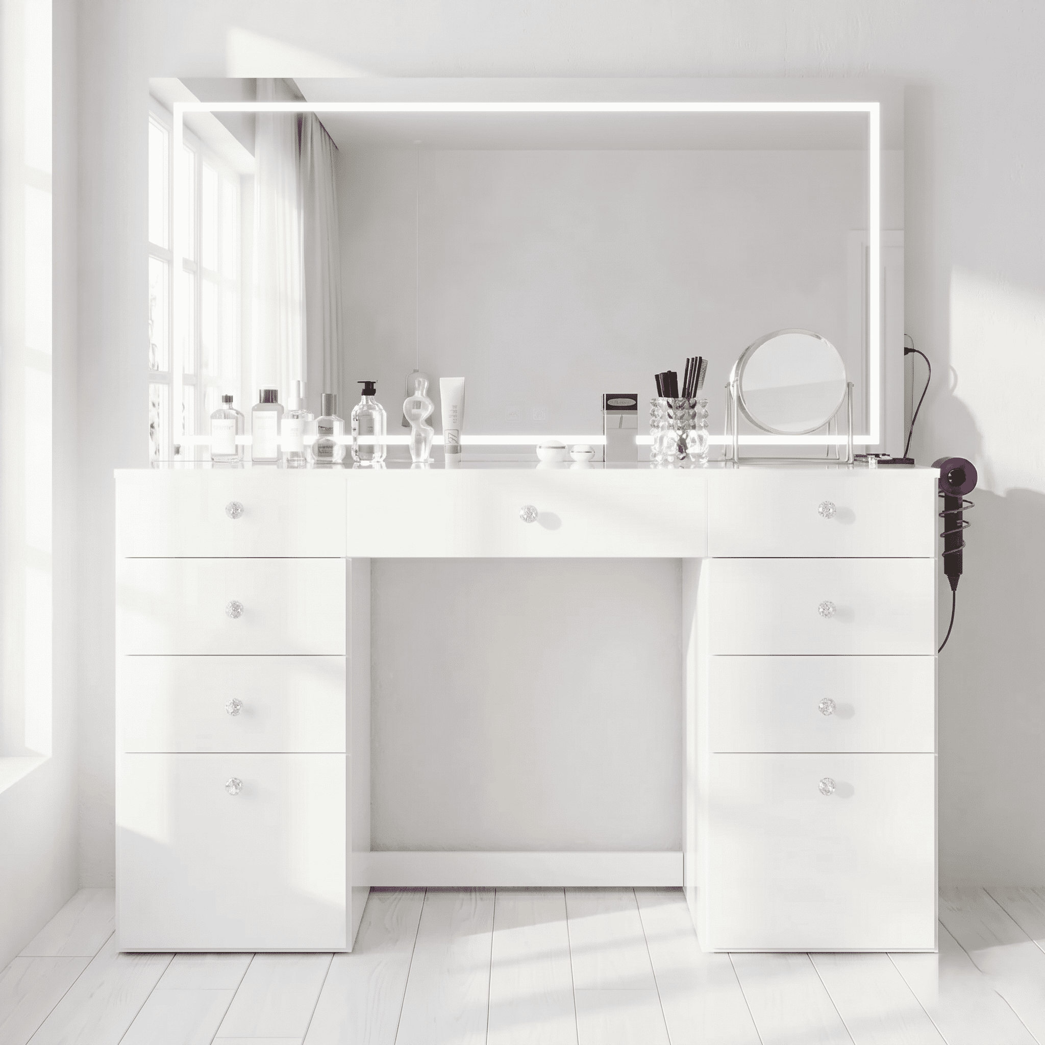Boahaus Elara Extra Large Vanity Desk with Mirror and Lights – 11 Drawer Makeup Vanity Table with Storage, Power Outlet and Built-In Speakers