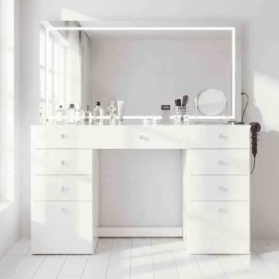 Boahaus Elara Extra Large Vanity Desk with Mirror and Lights 11 Drawer Makeup Vanity Table with Storage, Power Outlet and Built-In Speakers
