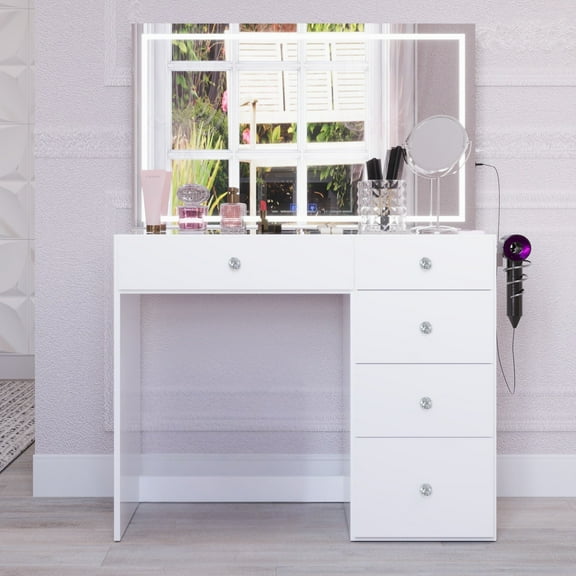 Boahaus Alana Vanity Desk with LED Mirror, 5 Drawers, Bluetooth Speakers, and Charging Station in White