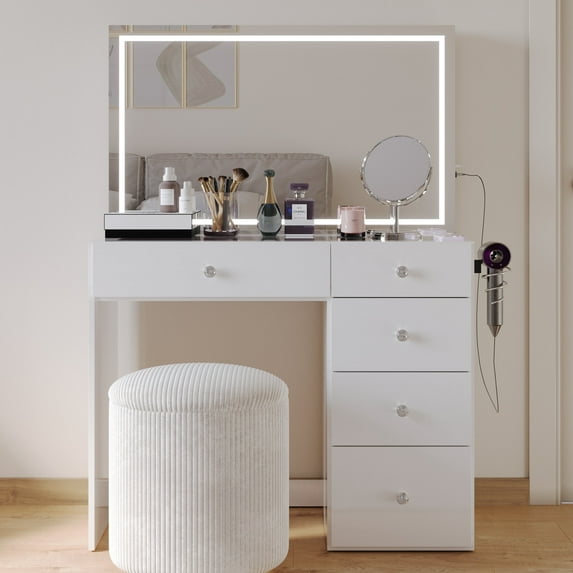 Boahaus Emilia Modern Vanity Desk with Mirror, Speakers, Lights & Charging Station, White