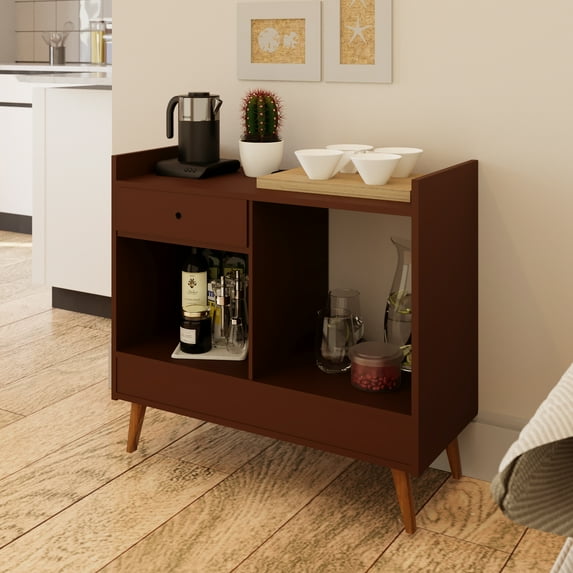 Boahaus Evershot Bar Cabinet with Drawer, 2 Shelves & Solid Wood Legs, Brown