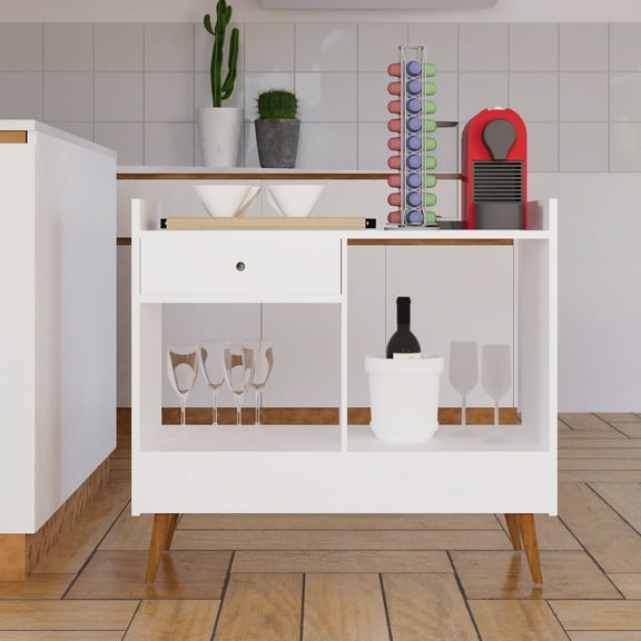 Boahaus Evershot Bar Cabinet with Drawer, 2 Shelves & Solid Wood Legs, White Cream