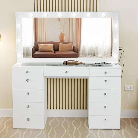 Boahaus Extra Large Makeup Vanity | LED Mirror, Bluetooth, 11 Drawers & Glass Top White