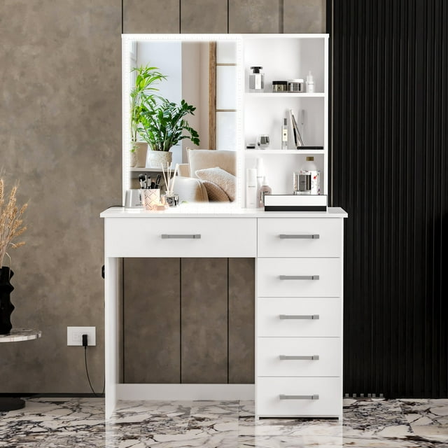 Boahaus Flora Modern LED Lighted Vanity Table with 6 Drawers, White ...