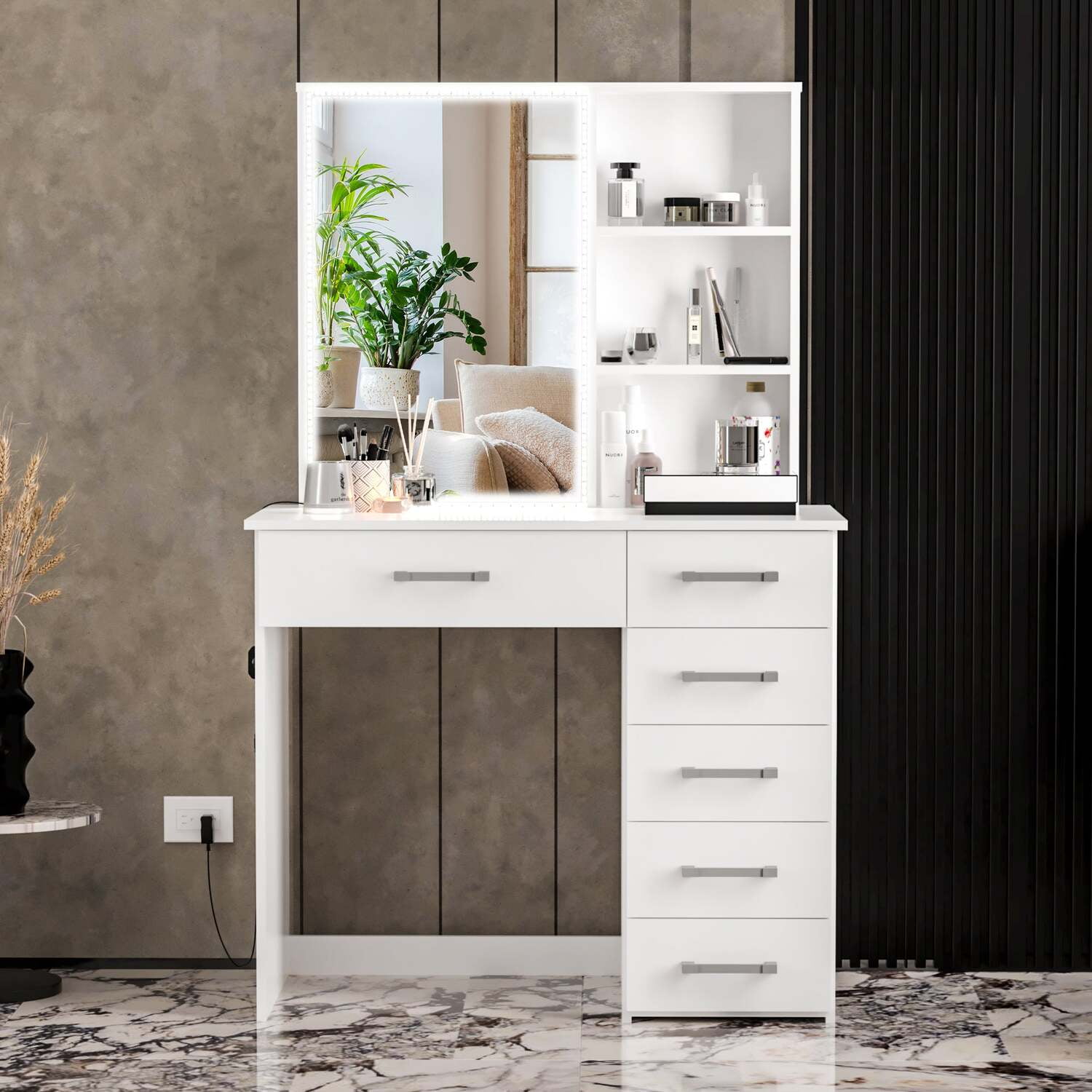 Boahaus Flora Modern Makeup Vanity Desk with 6 Drawers, LED Lights, HD