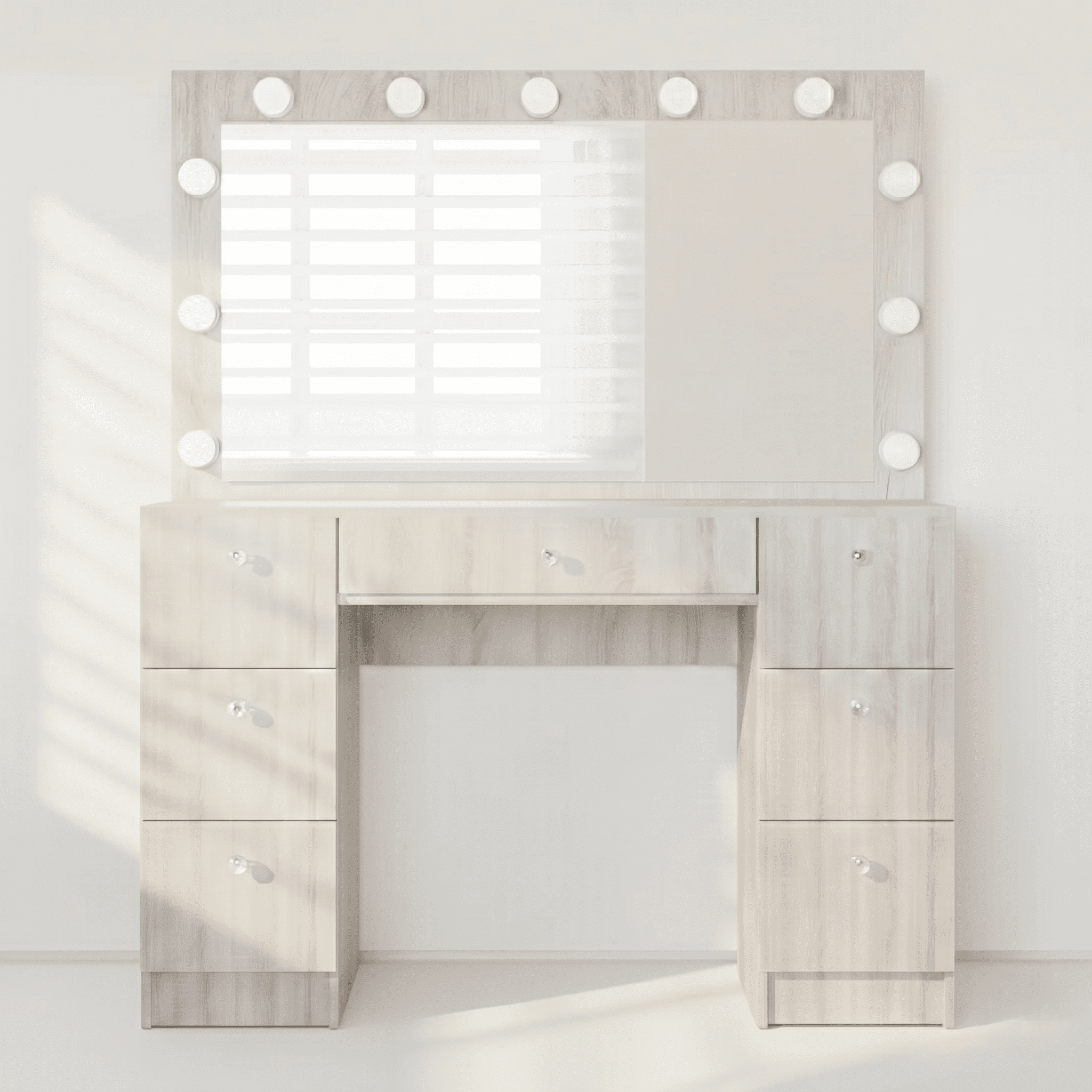 Boahaus Freya Vanity Desk with Mirror Lights and Power Outlet - 7 Drawer Makeup Table