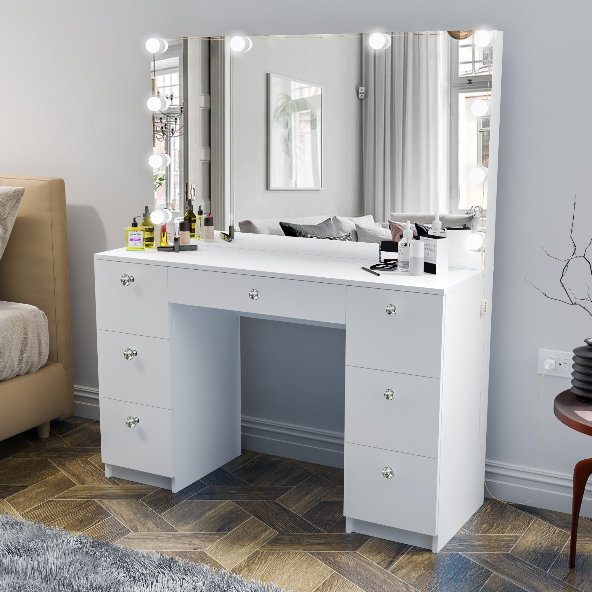 Boahaus Freya White 7drawer Vanity Dressing Table with Lighted Mirror