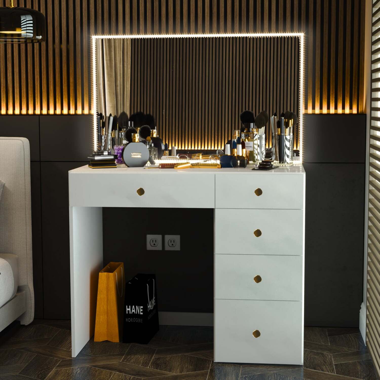 Boahaus Gaia Modern Makeup Vanity Desk with Drawers and LED Lights