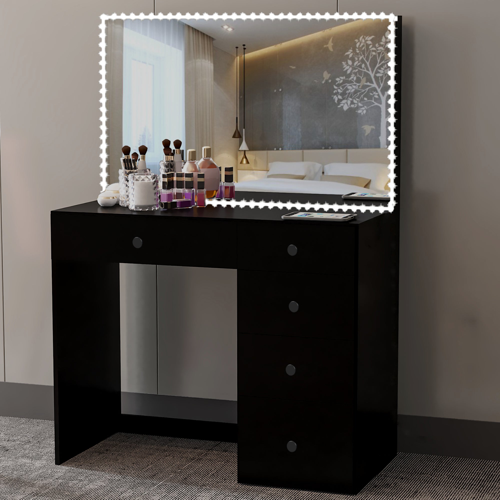 Boahaus Gaia Modern Makeup Vanity Desk with Drawers and LED Lights