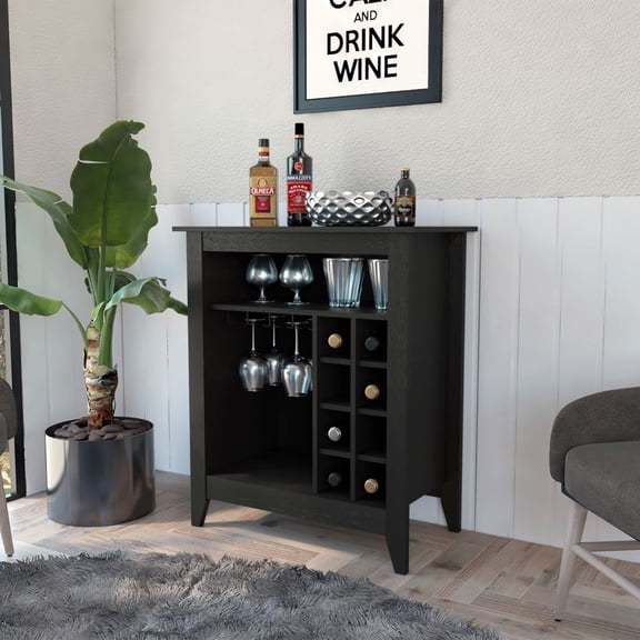 Boahaus Gibraltar Modern Bar Cabinet, 2 Open Shelves, Wine Rack, Black Wengue