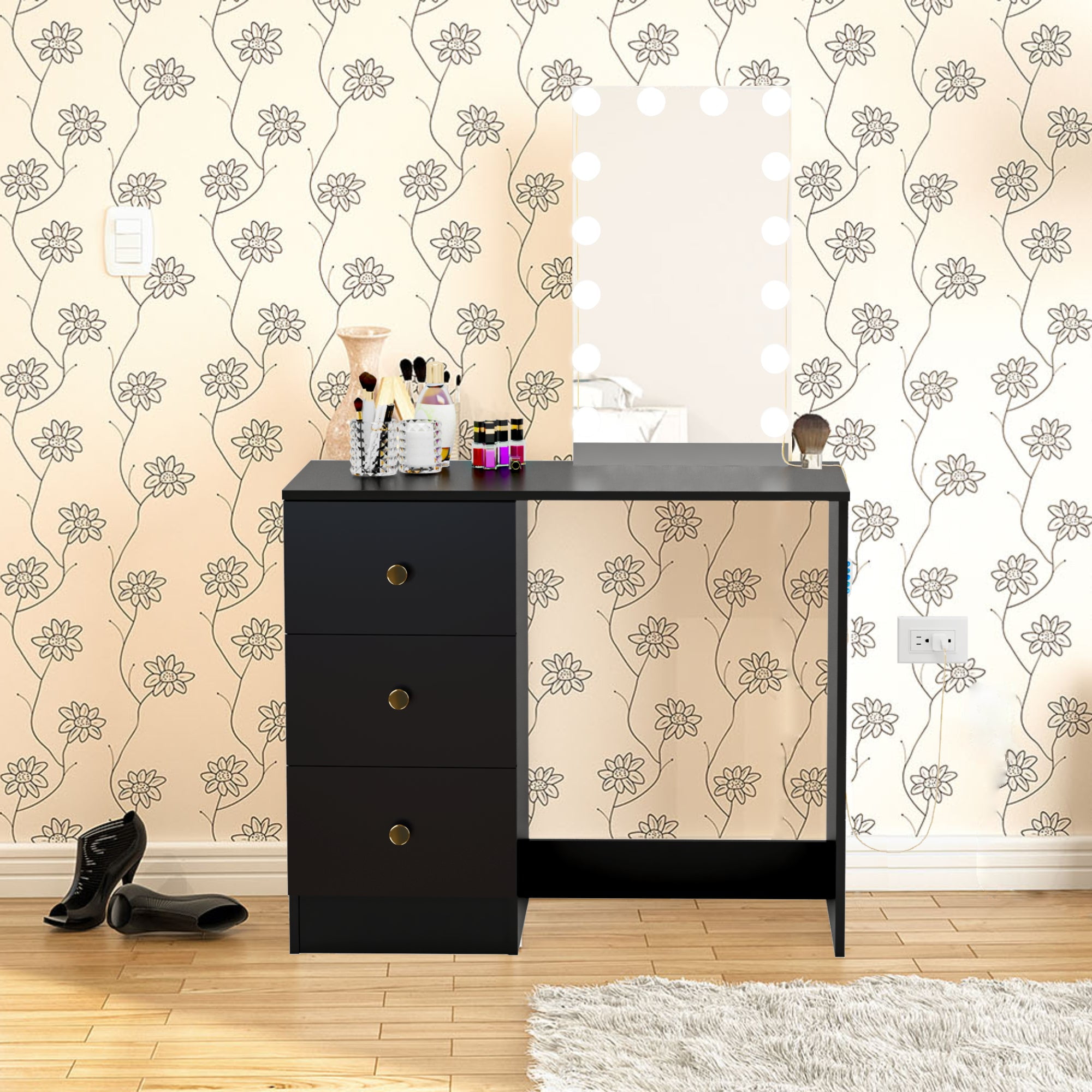 Boahaus Iris Black Dressing Table with Light Bulbs Golden Knobs