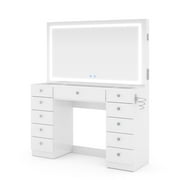 Boahaus Amelia Vanity Desk with Mirror and Lights   11 Drawer Makeup Vanity Table with Storage, Power Outlet and Speakers