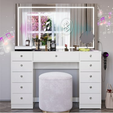 Boahaus Ivy Vanity Set with LED Mirror, Bluetooth Speakers & Extra Storage, White